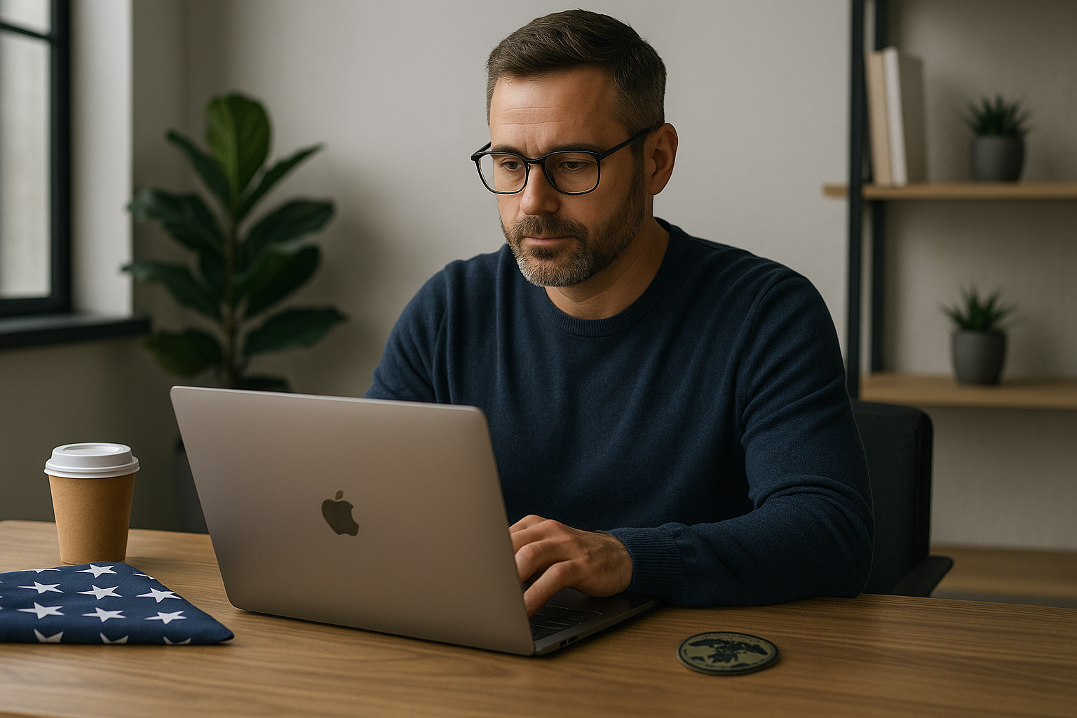 Veteran working on laptop